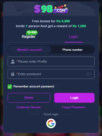 S98 Game login and registration screen showing Android earning app interface with account login and signup options in Pakistan