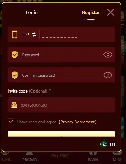 Y 71 registration screen showing mobile number signup, password fields and invite code option