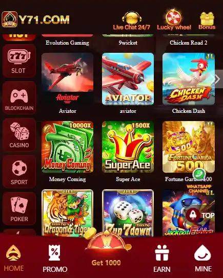 Y71 Game dashboard showing Aviator, Money Coming, Dragon Tiger and casino games for Pakistani Android users