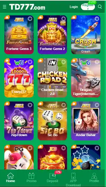 TD777 Game app home screen showing Fortune Gems, Crash, Chicken Road, Sic Bo and Andar Bahar games in Pakistan