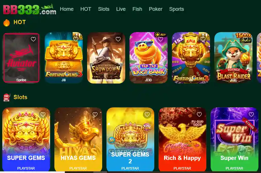 BB333 Game lobby showing hot slots and live games including Aviator, Fortune Gems, Piggy Bank and Super Gems in Pakistan 2026