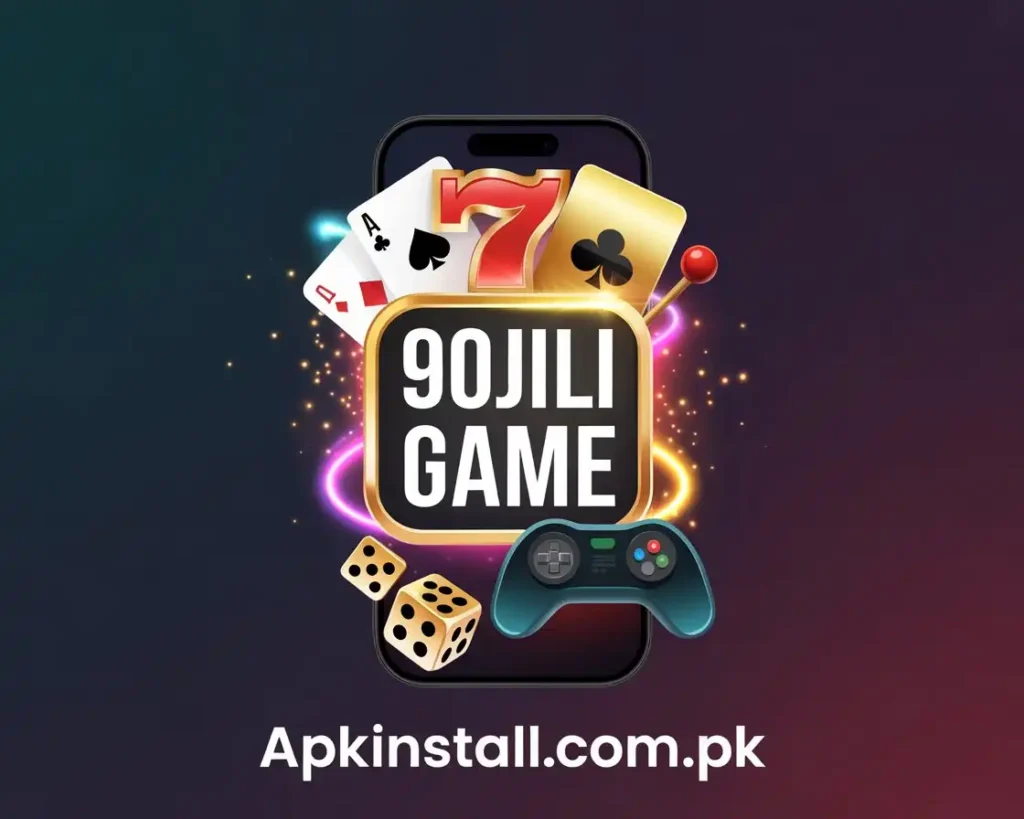 90Jili Game Pakistan mobile casino app logo with cards, dice and controller showing APK download and real money gaming platform