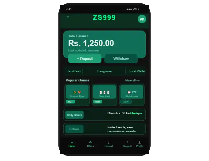 ZS999 Game home screen dashboard showing wallet balance JazzCash Easypaisa deposit and popular games Pakistan