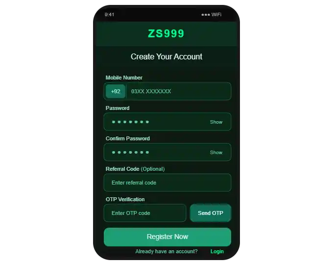 ZS999 Game registration screen showing mobile number OTP password and referral code fields for Pakistan users