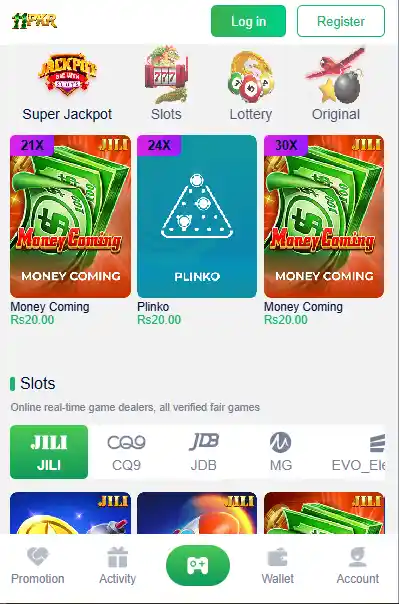 11PKR Game dashboard featuring JILI slots, Plinko, and Money Coming games for online earning in Pakistan.