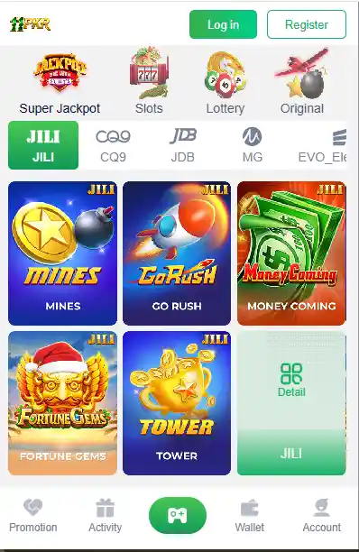 11PKR Game interface showing slots, mines, lottery, and tower games inside the Android APK

