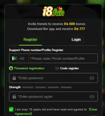 I8Fun Game registration page showing mobile number signup, password creation, and account registration form on Android.
