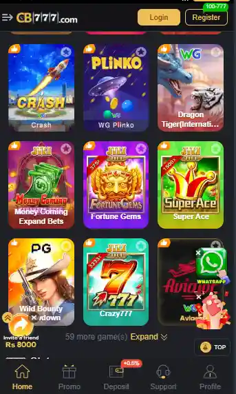 CB777 Game APK home screen showing Crash, Plinko, Dragon Tiger, Fortune Gems, Super Ace, Crazy777, and other mobile gaming options on Android.