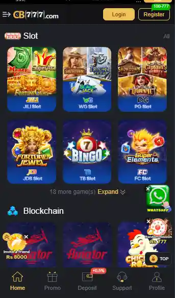 CB777 Game slot lobby screen featuring Fortune Gems, Super Ace, Showdown, Dragon Tiger, Blackjack, Bingo, and other Android gaming options.