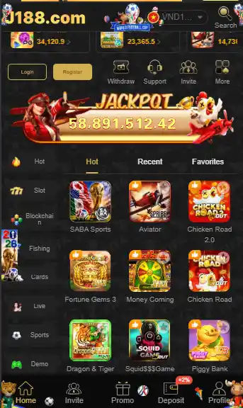 J188 Game APK homepage showing login, registration, Dragon & Tiger, Aviator, slots, sports games, and mobile gaming dashboard interface.