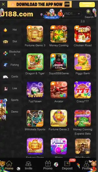 J188 Game APK popular games screen featuring Dragon Tiger, Aviator, 7 Up 7 Down, Fortune Gems, sports games, slot games, and Android mobile gaming platform dashboard.