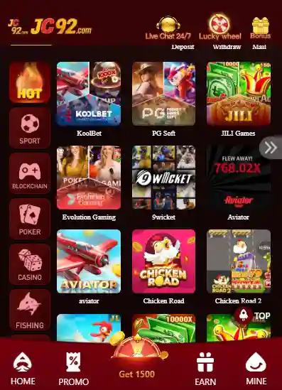 JC92 Game lobby image with all top games like avaitor money coming forune jems and more